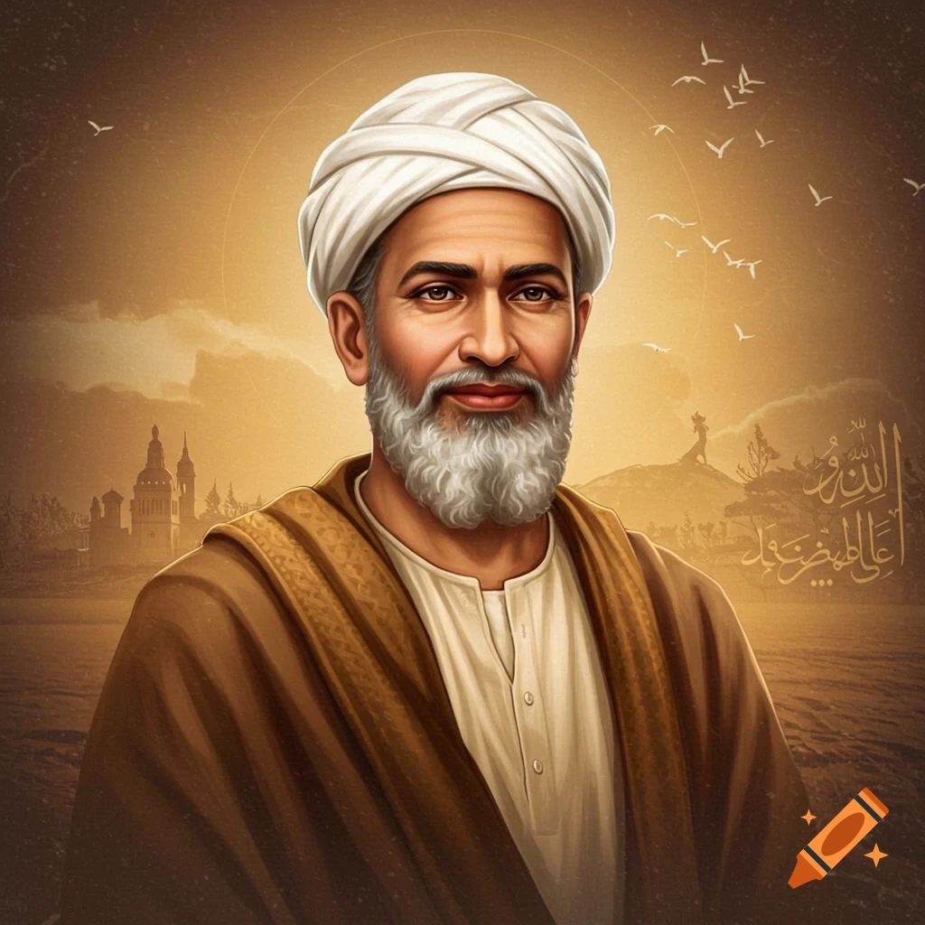 A man with a white turban and gray beard wears brown robes and stands in a desert landscape with buildings and hills in the background.