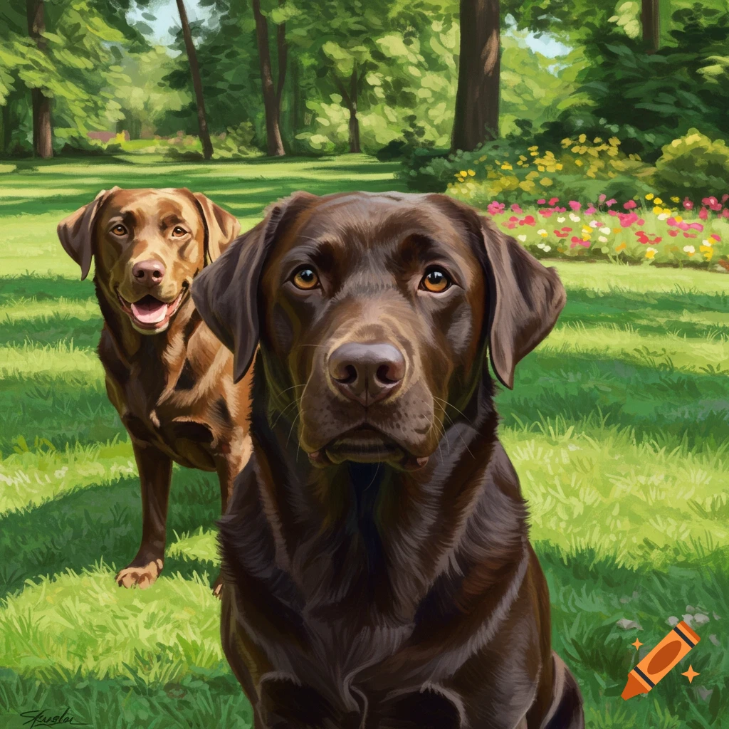 Two chocolate labradors in a park