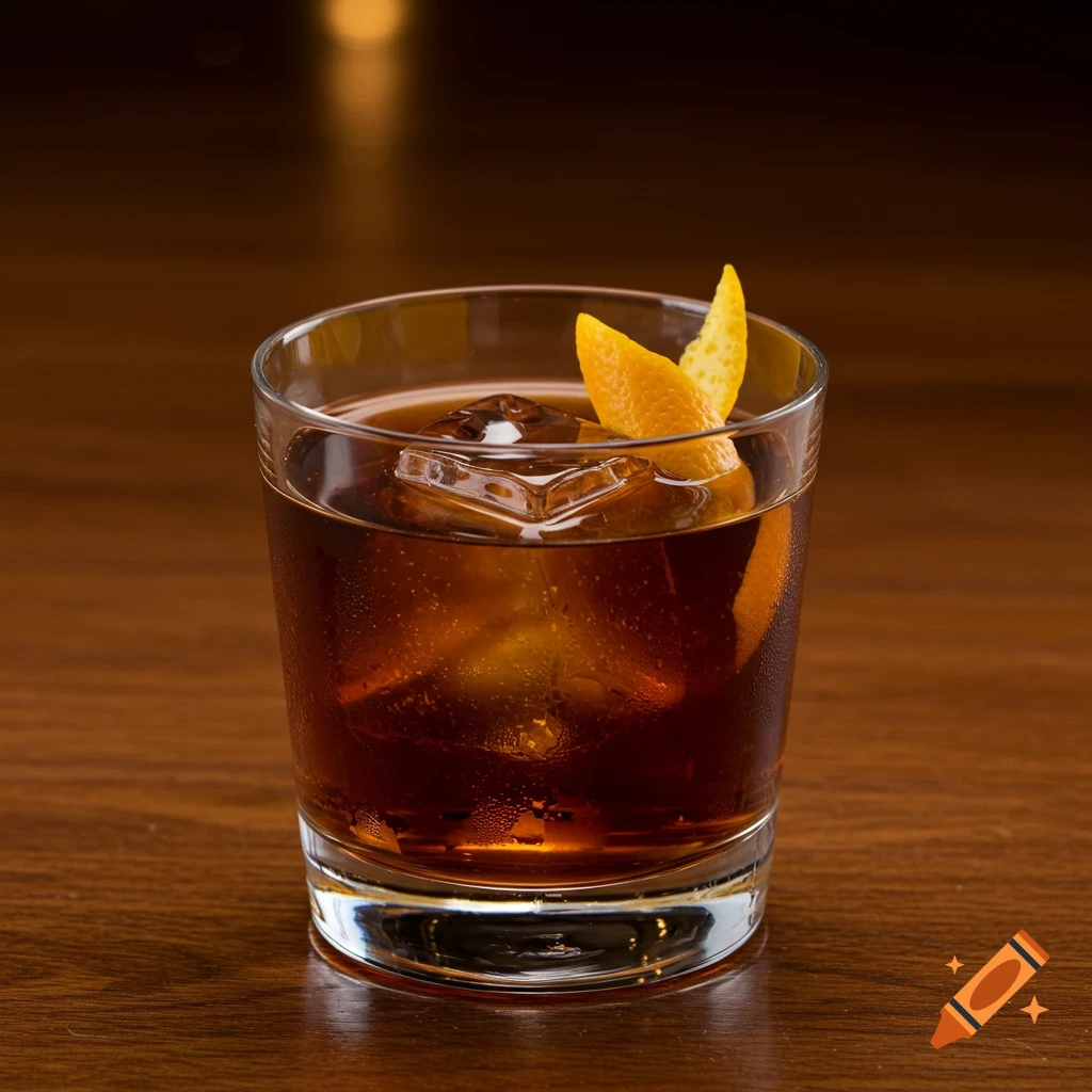 A Black Manhattan cocktail in a glass with ice and orange peel on a wooden surface.