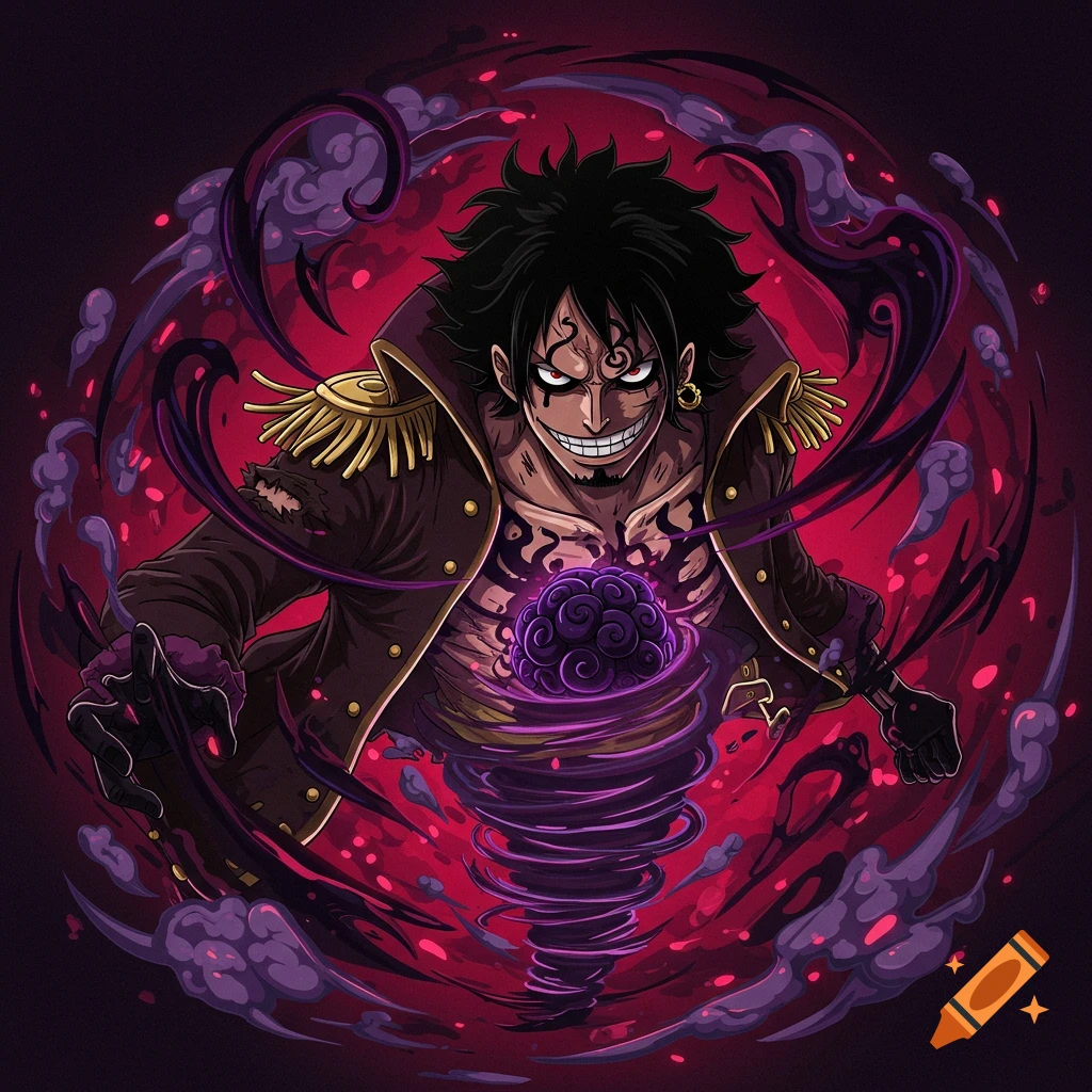 Anime illustration of a dark-haired character in a jacket with purple energy and fruit.
