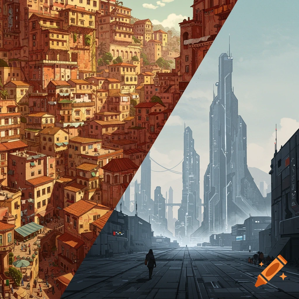 Split scene of a traditional city on the left and a futuristic city on the right.