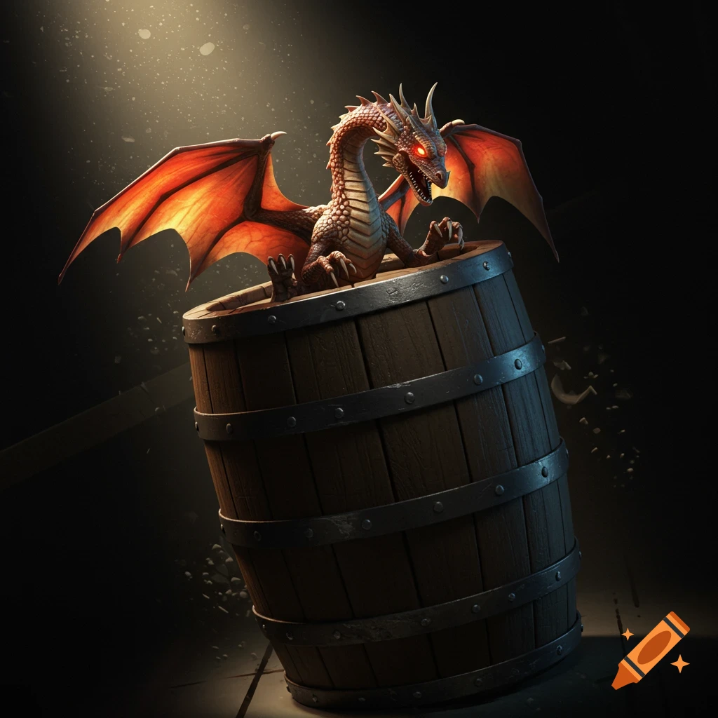 A red dragon sits on a wooden barrel.