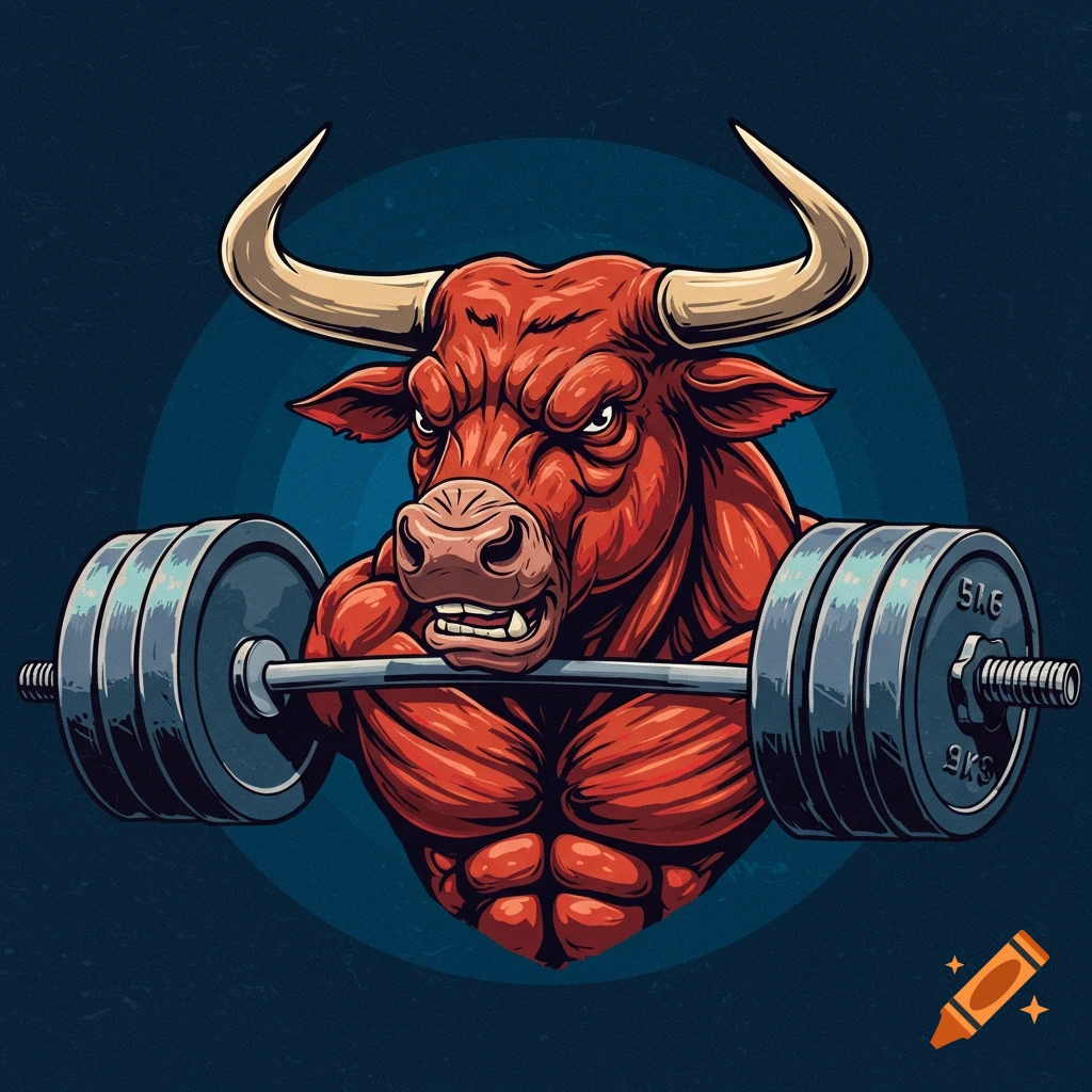 A muscular red bull lifting a barbell.