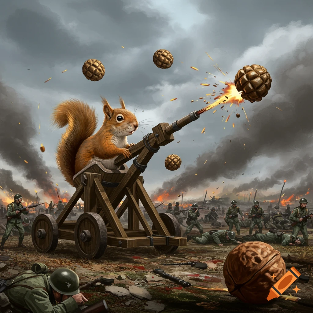 A squirrel sits on a catapult launching walnuts in a war battlefield.