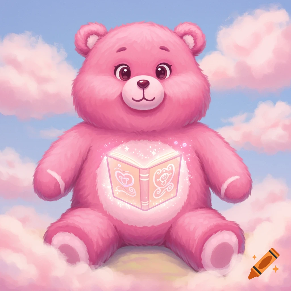 A pink cartoon bear sits on pink clouds, holding an open book with glowing symbols.