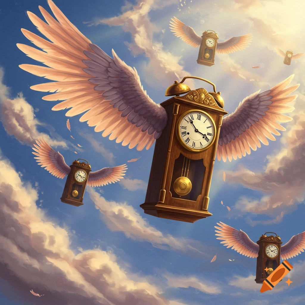 Winged clocks flying through a cloudy sky
