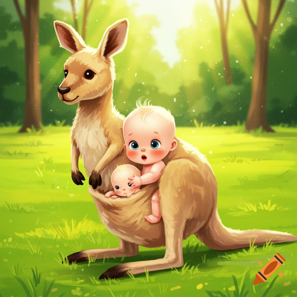 A whimsical image of a cherubic human baby in the pouch of a friendly kangaroo, alongside a smaller baby joey. Sunlit trees and green meadow in the background.
