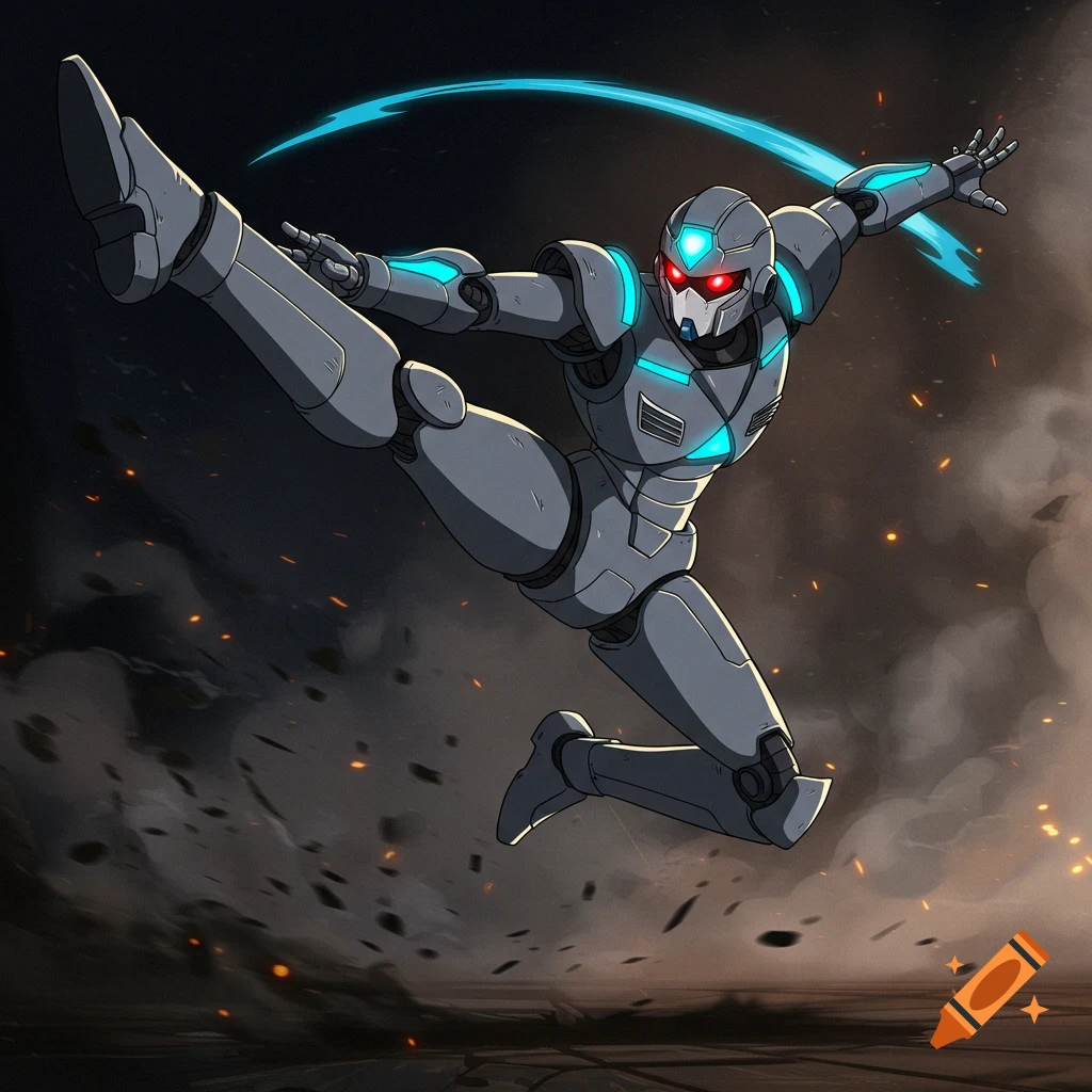 Anime robot ninja kicks in a dynamic pose against a smoky, action-filled background.
