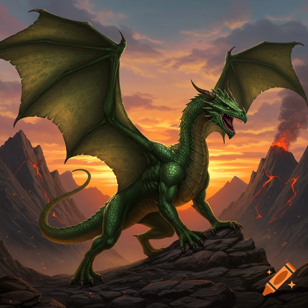 A green dragon stands on rocks with its wings spread in a volcanic landscape at sunset.