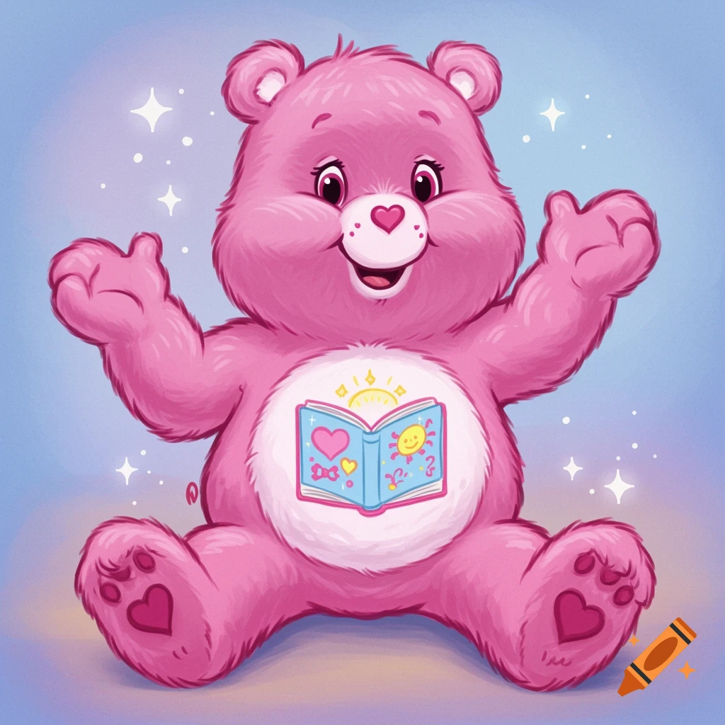 Pink Care Bear sits holding open book on belly badge with illustrations and sparkles