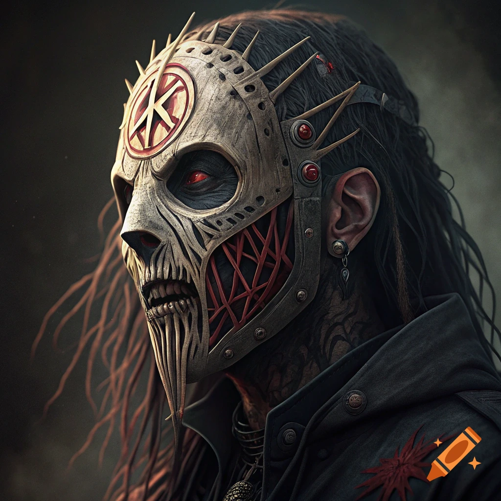 Close-up portrait of a person wearing a dark, spiky, bone-like mask with red eyes.