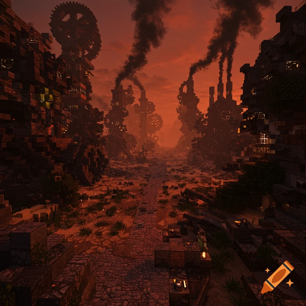 Minecraft-style steampunk dystopian landscape with buildings, gears, and smoke under an orange sky.