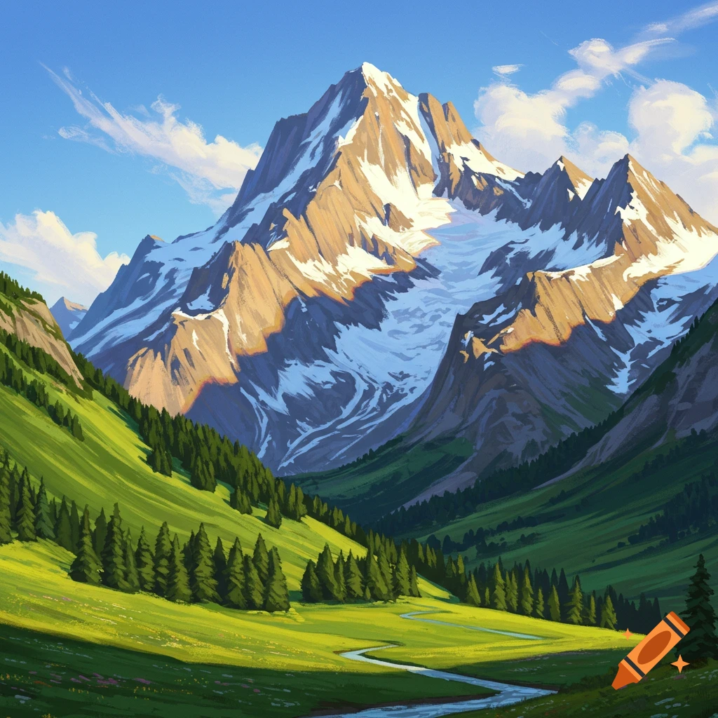 A large snow-capped mountain peak above a green valley with a winding river.