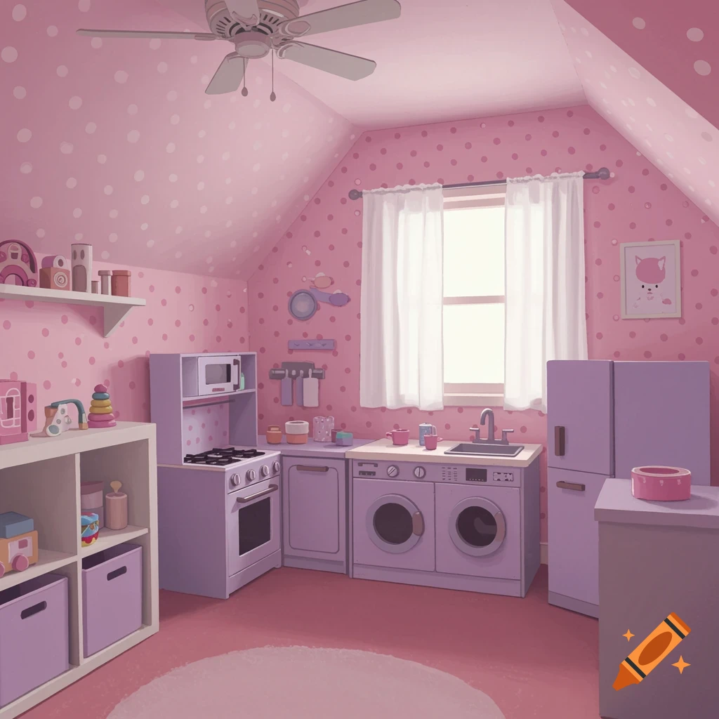 A child's pink and purple play kitchen and playroom with shelves of toys and a window.