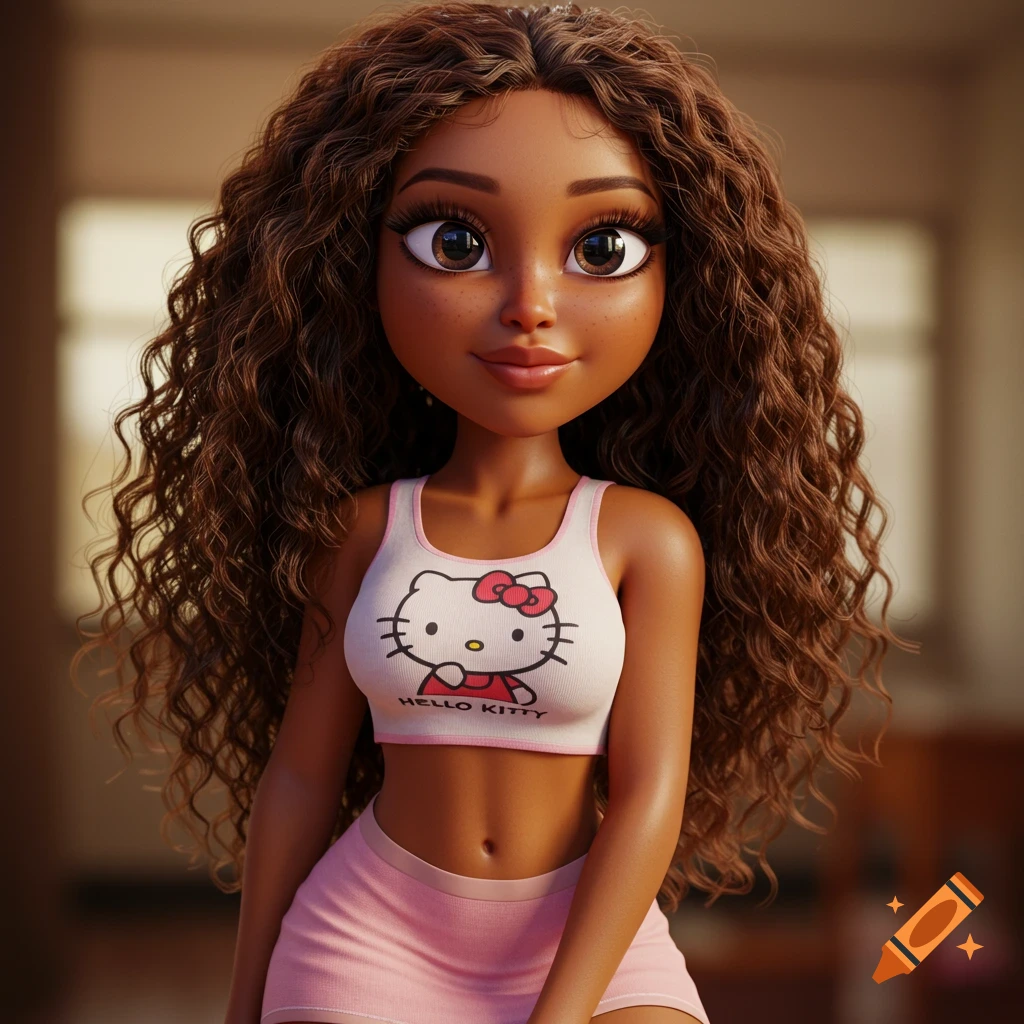 A 3D animated character in Pixar style with brown skin and curly hair, wearing a Hello Kitty crop top and pink mini skirt.
