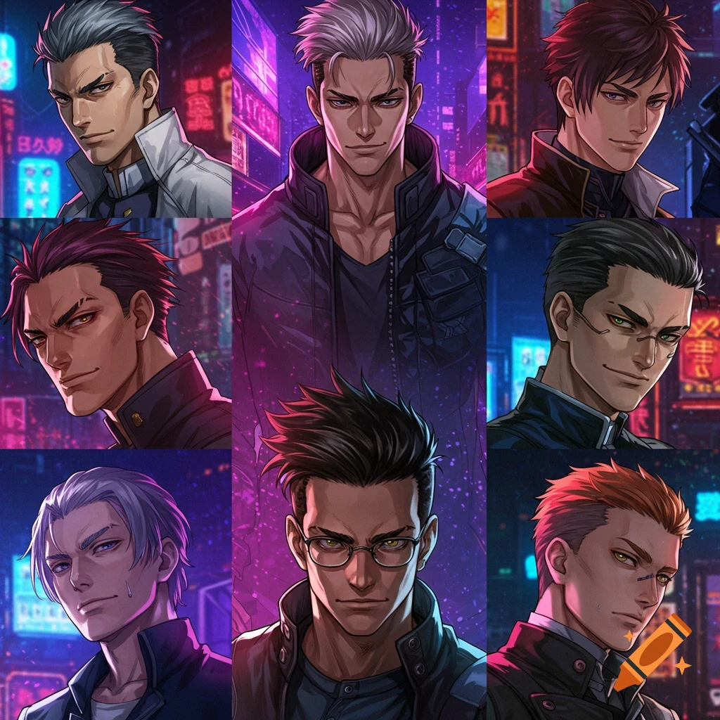 Multiple anime portraits of men in a grid against a neon cyberpunk background.