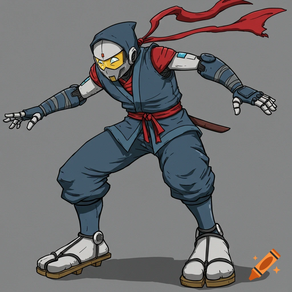 A robot ninja in a blue gi and red scarf, crouching in a fighting pose. Cartoon style.