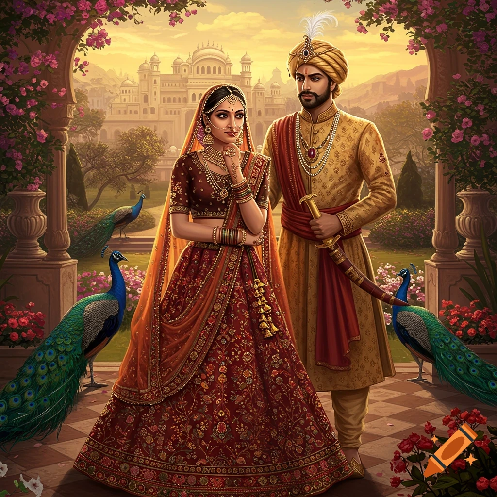 An Indian princess and prince in traditional attire standing in a garden with peacocks and a palace.