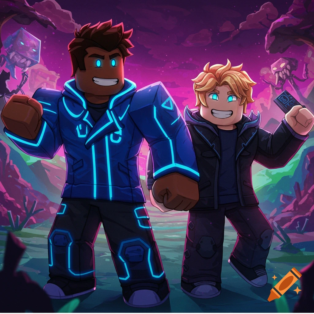 Two Roblox-style characters in glowing outfits stand in a fantasy landscape with glowing creatures.