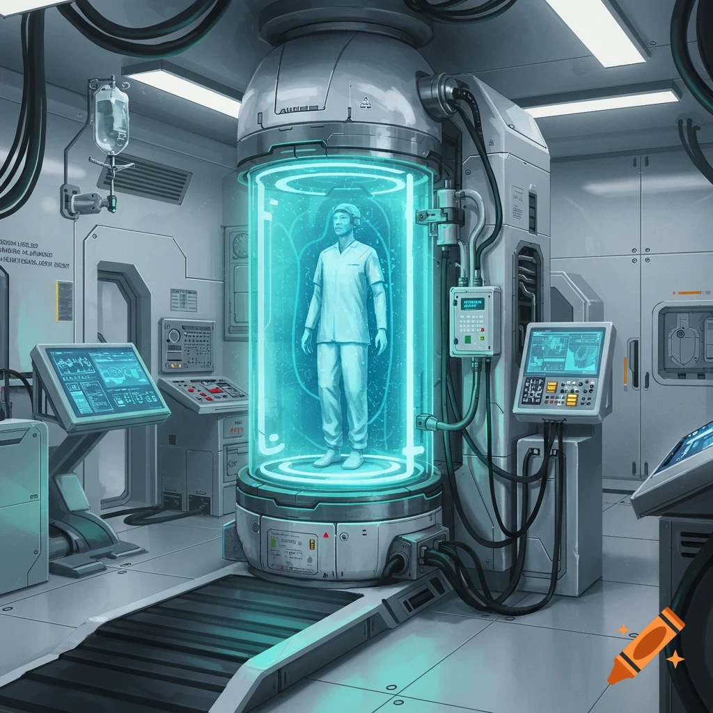 A person in a glowing sci-fi stasis chamber in a futuristic laboratory.