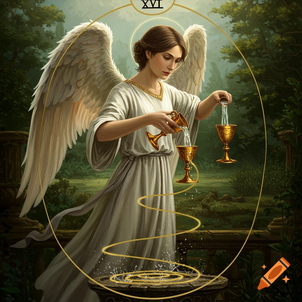 An angel pouring liquid from two cups, based on the Temperance tarot card, with Roman numerals XVI.