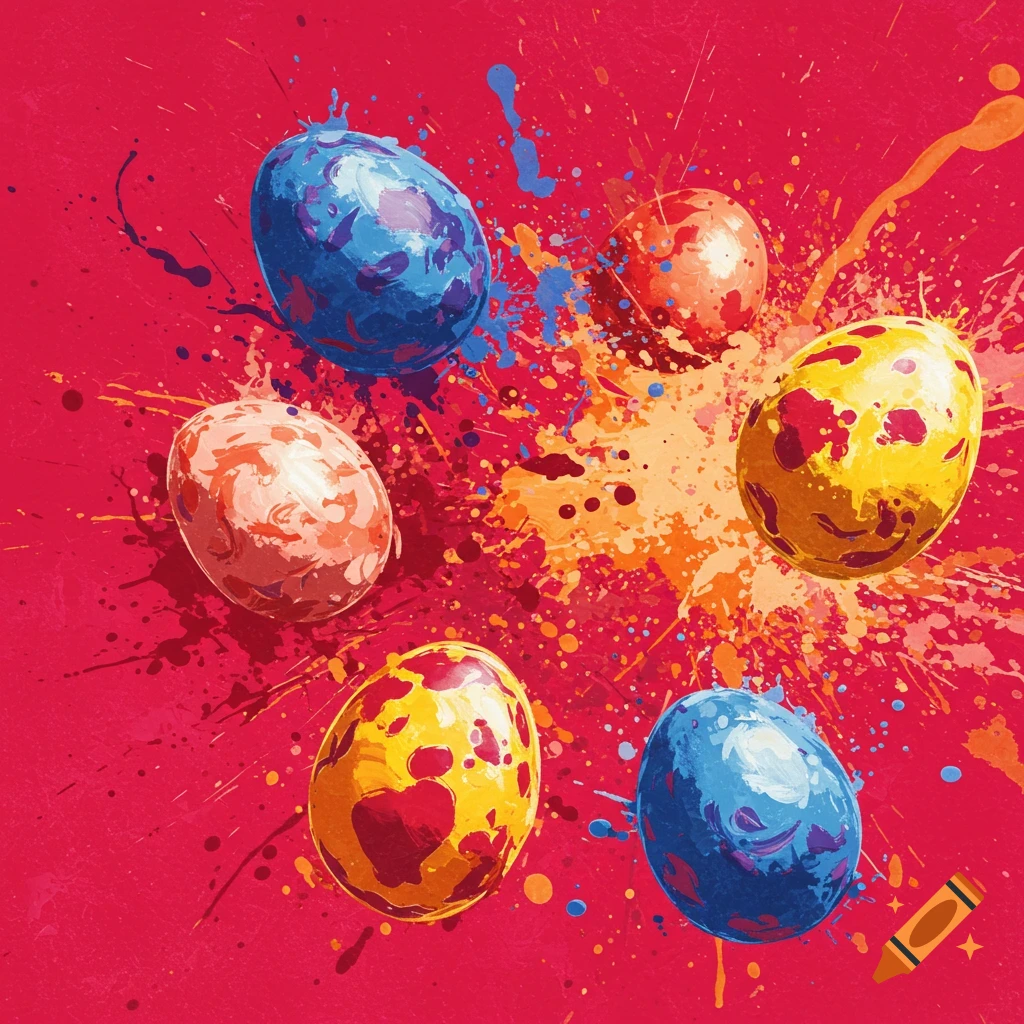 Abstract expressionist painting of distorted Easter eggs exploding with color splatters on a red background.