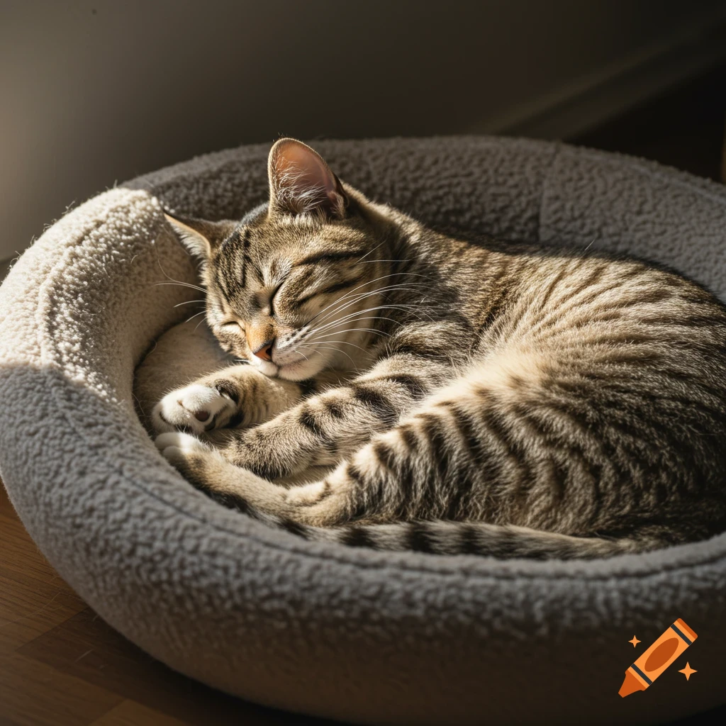 Photorealistic photo of a tabby cat sleeping curled up in a soft pet bed in sunlight.