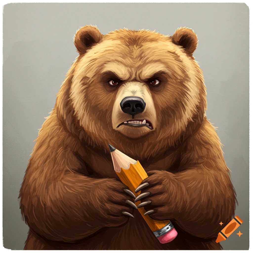 A frustrated bear holding a pencil.