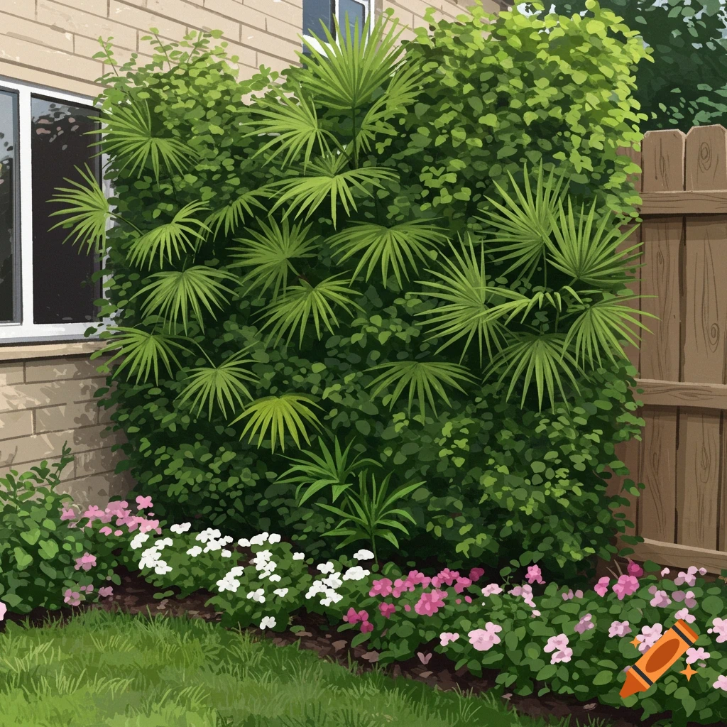 A backyard garden with fan palm trees, pink and white flowers, a wooden fence, and a brick wall.