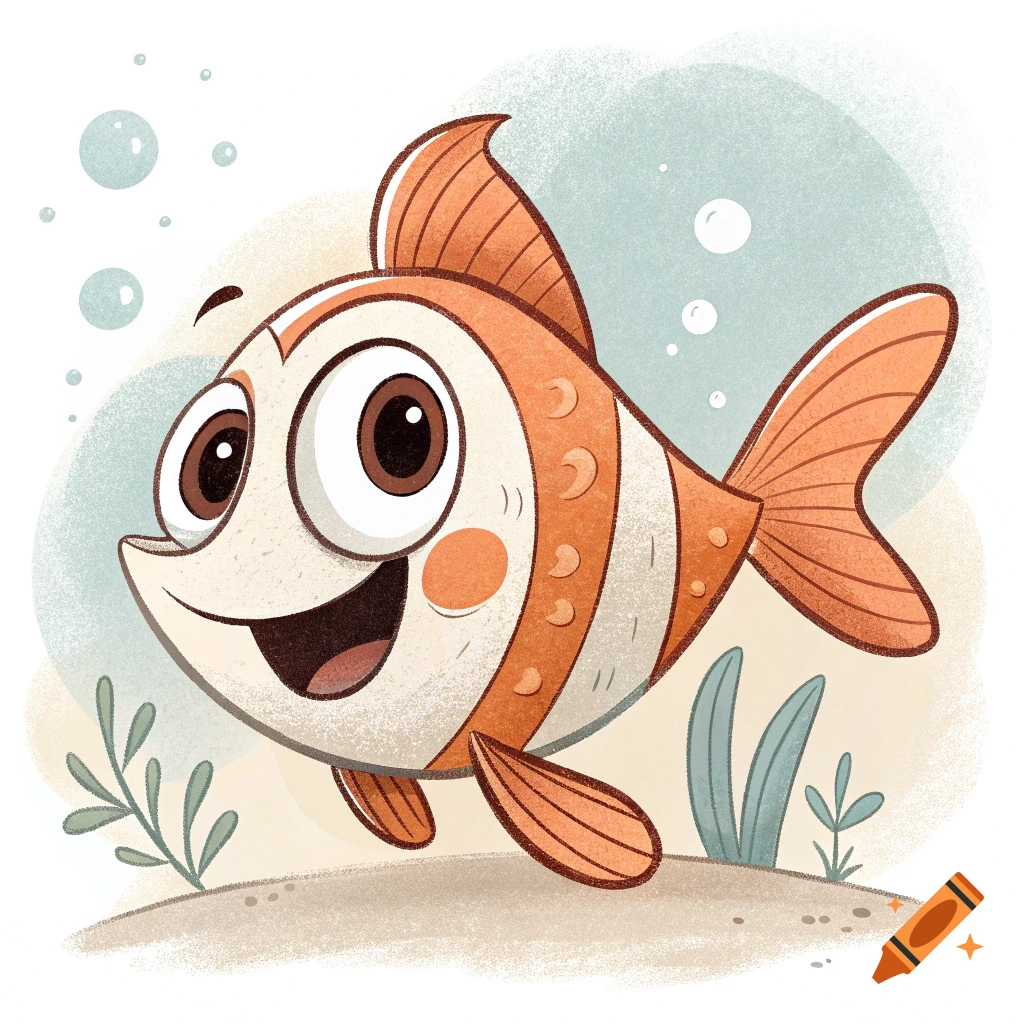 Cartoon clownfish smiling underwater with bubbles and plants.