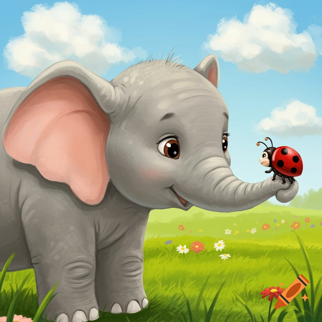 Whimsical illustration of a baby elephant holding a ladybug on its trunk in a flower meadow