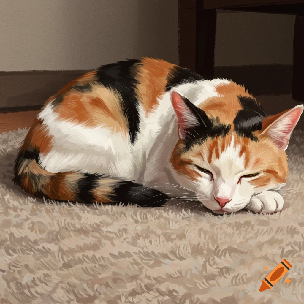 A calico cat sleeping curled up on a fuzzy rug.