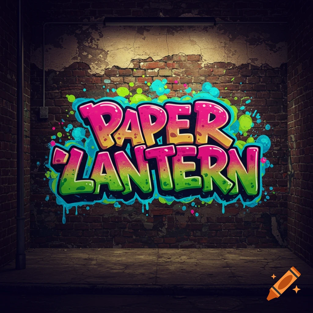Colorful graffiti spelling 'PAPER LANTERN' on a brick wall.
