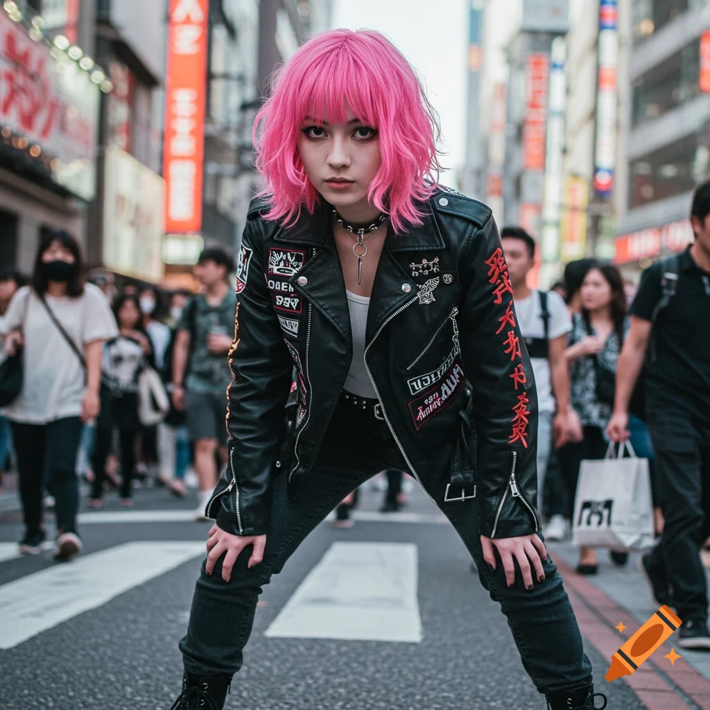 Girl with pink hair and leather jacket on a Tokyo street crossing.