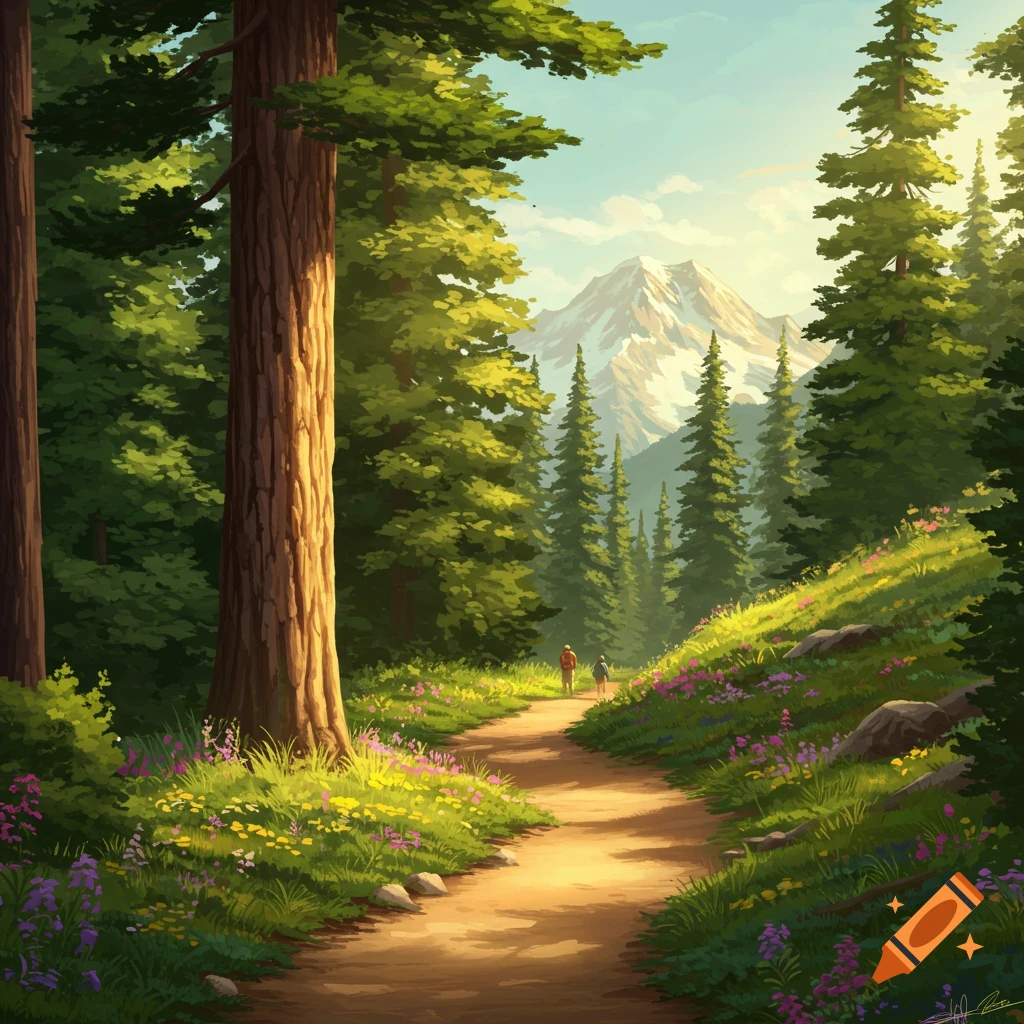 A hiking trail through a forest towards a mountain.