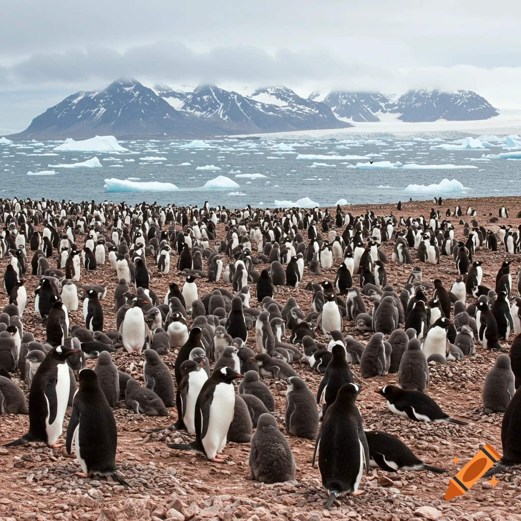 Large colony of penguins on a rocky beach with icebergs, ocean, and mountains in the background.