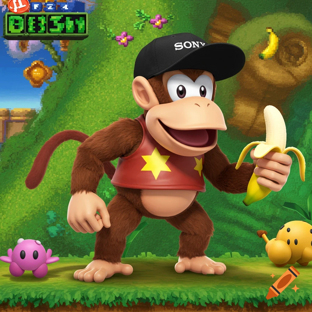 Diddy Kong in a jungle setting wearing a black hat that says SONY and holding a banana.