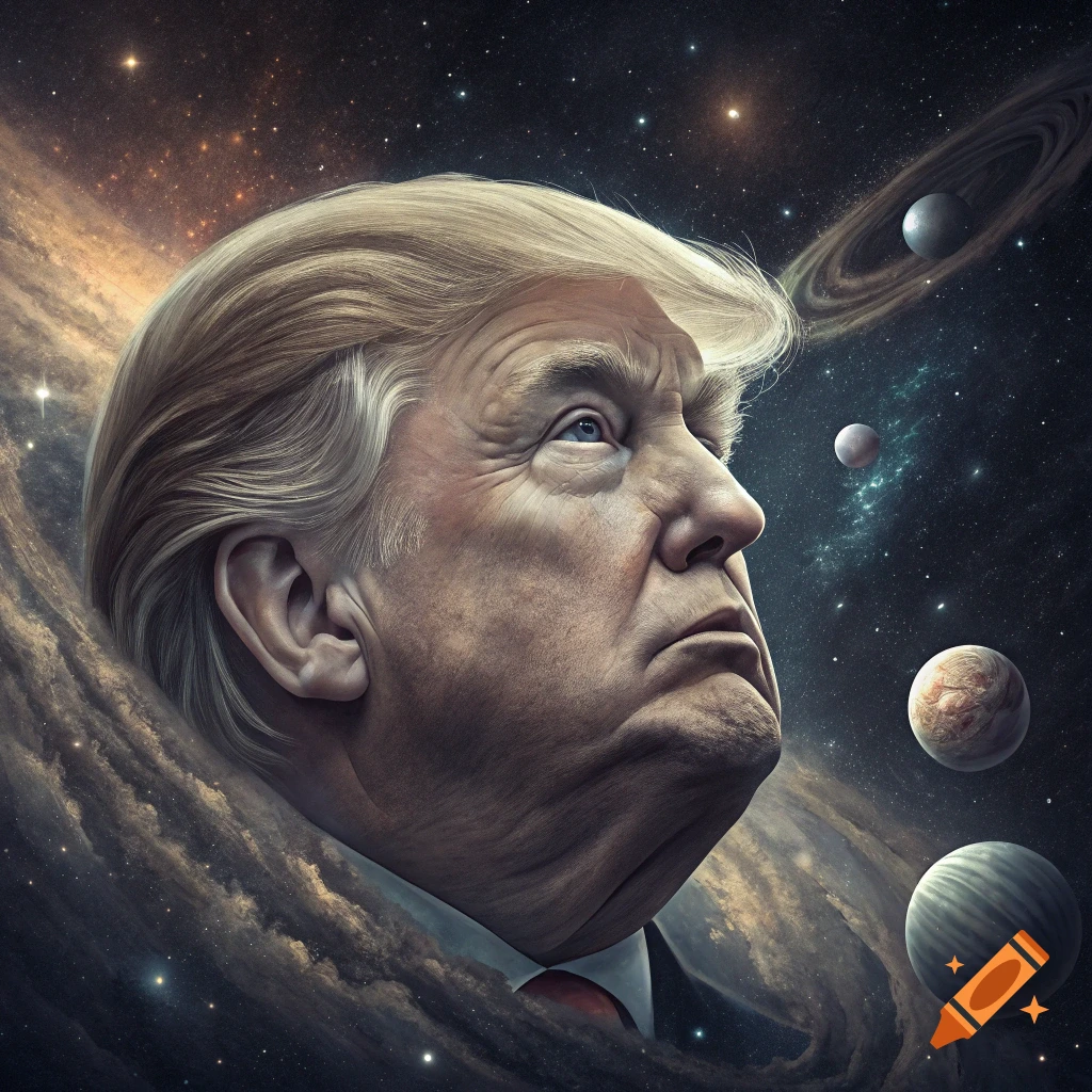 Portrait of Donald Trump's head floating in space with planets and stars.
