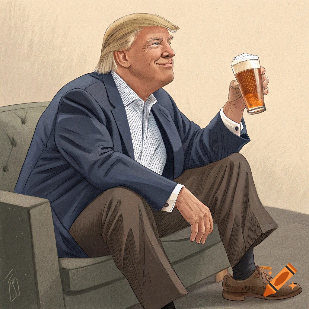 Illustration of Donald Trump sitting and holding a glass of beer.