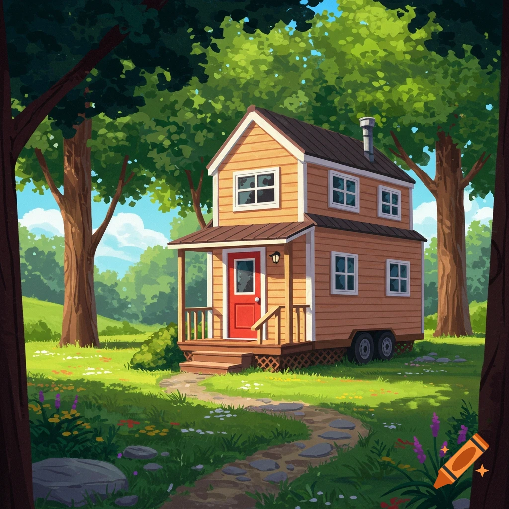A tiny house with a red door on wheels in a forest clearing.