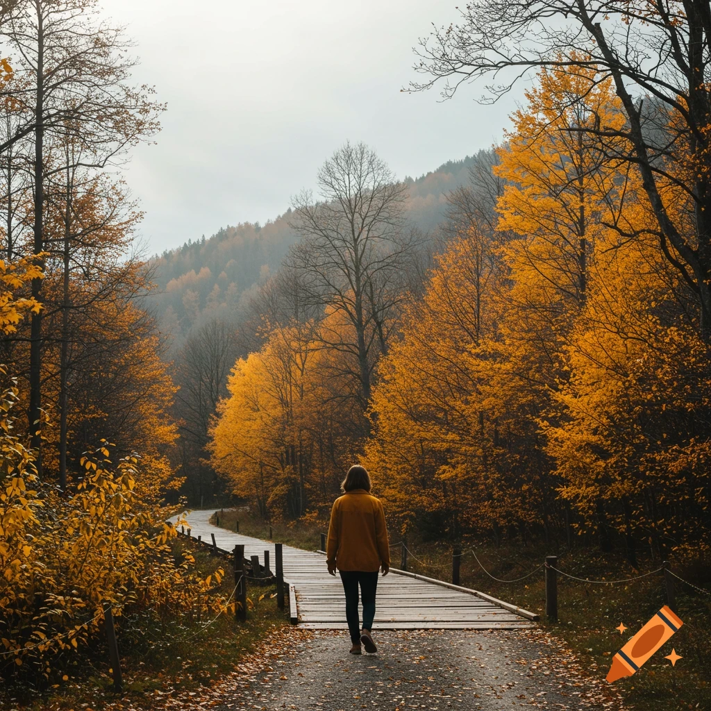 Person walking on a path through an autumn forest.