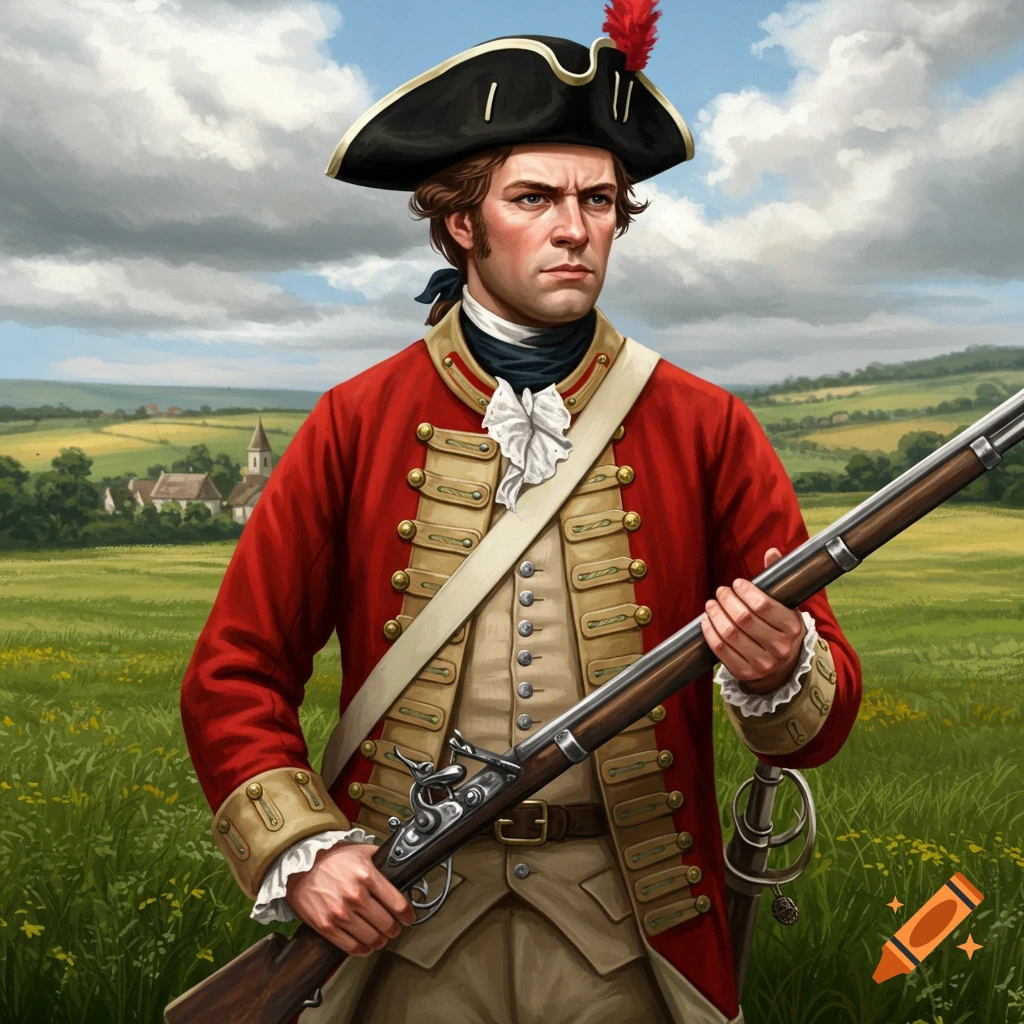 A British Redcoat soldier stands in a field, holding a musket.