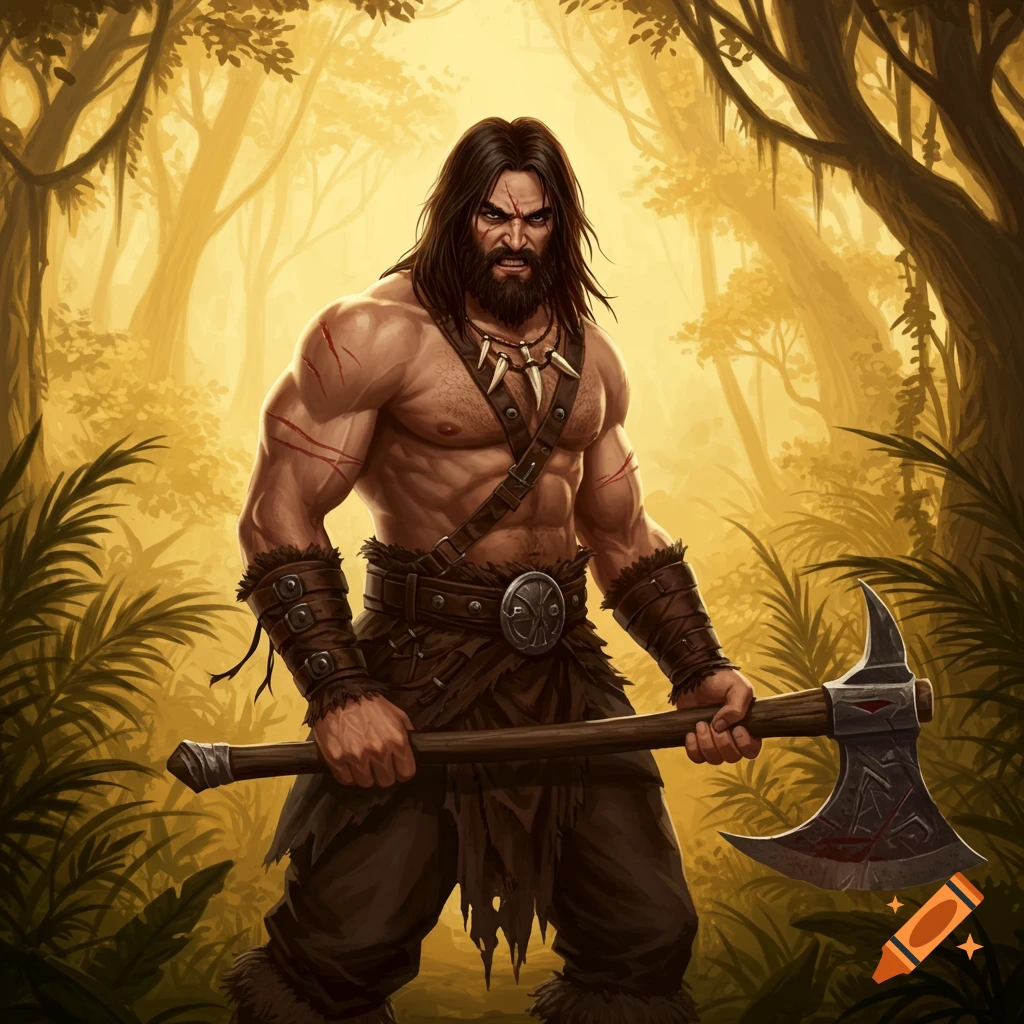 A muscular barbarian stands in a forest, holding an axe.