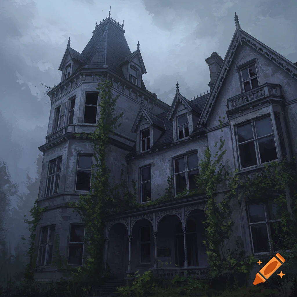 A spooky, abandoned mansion covered in vines under a dark, cloudy sky.