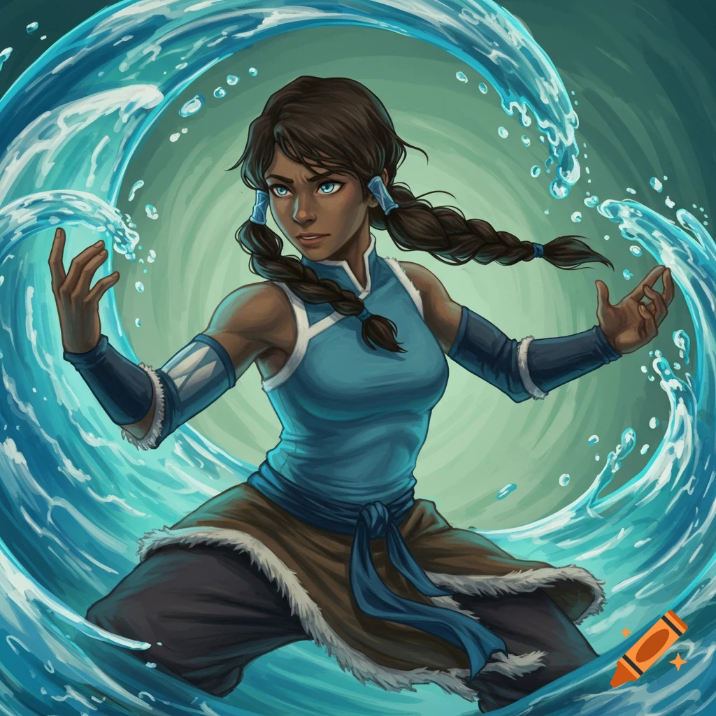 Korra waterbending, surrounded by swirling water.