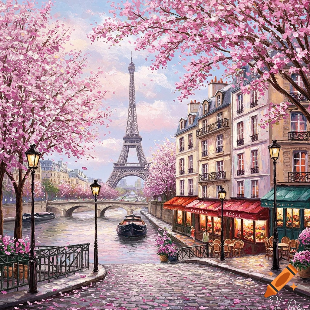 Painting of the Eiffel Tower and buildings along a river in Paris, framed by pink cherry blossoms.