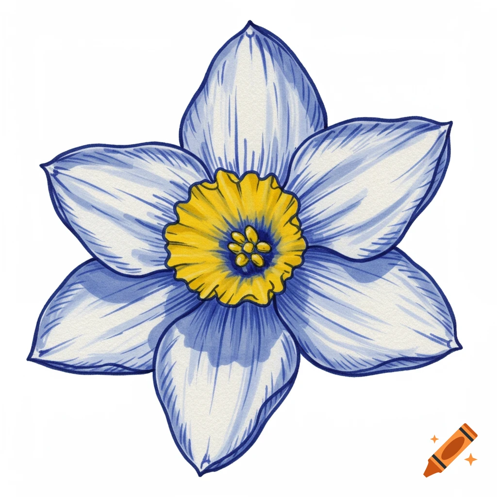 Illustration of a daffodil in blue and white Delftware style with a yellow center on a white background.
