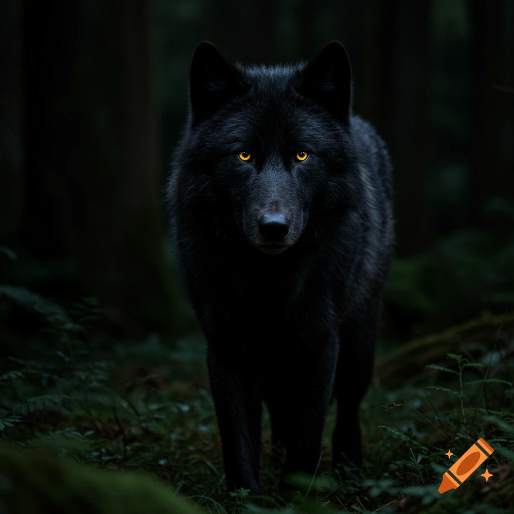 A black wolf with glowing golden eyes stands in a dark forest, photorealistic style.