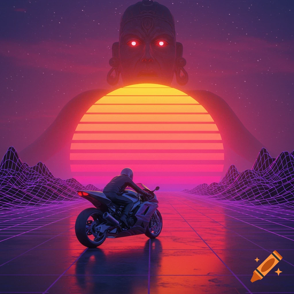 A motorcycle rider on a grid road towards a large glowing statue and synthwave sunset.
