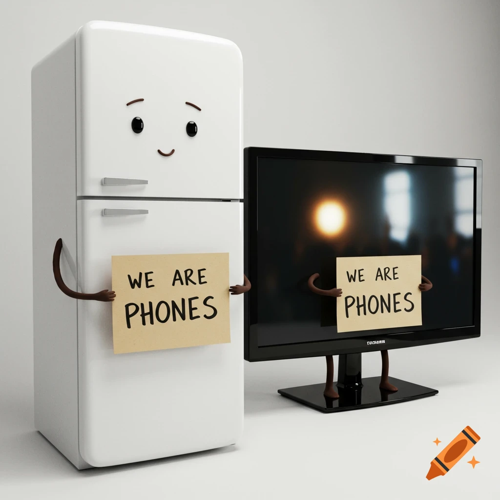 A refrigerator and a television hold signs saying 'WE ARE PHONES'. Cartoon style illustration.